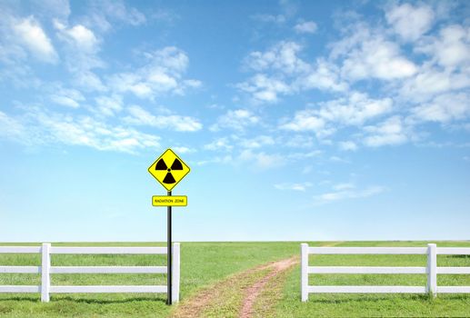 nuclear radiation warning symbol with blue sky 