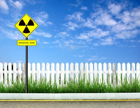 nuclear radiation warning symbol with blue sky 