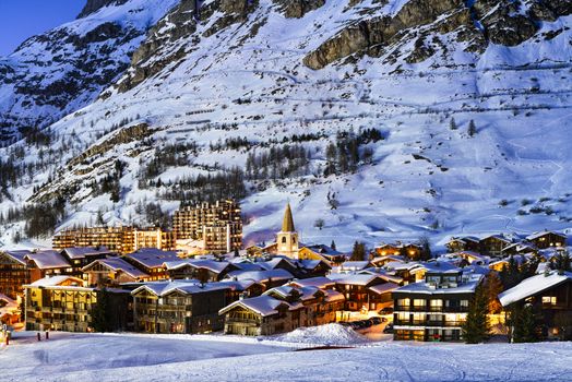 Famous and luxury place of Val d'Isere at sunset, Tarentaise, Alps, France