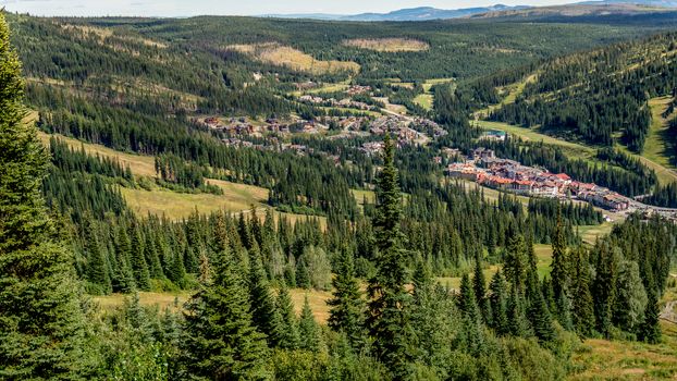 Birds eye view of Sun Peaks Village in the Sushwap highlands in central British Columbia