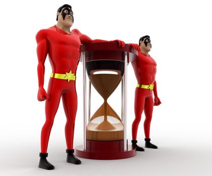 3d superhero  standing beside sand clock concept on white background, side angle view