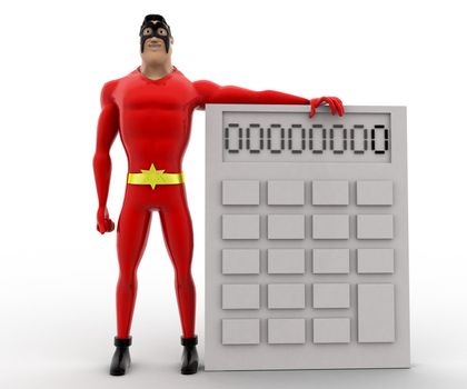 3d superhero  with white calculator concept on white background, front angle view