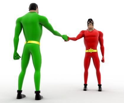 3d superhero  holding hand of another superhero  concept  on white background, low angle view