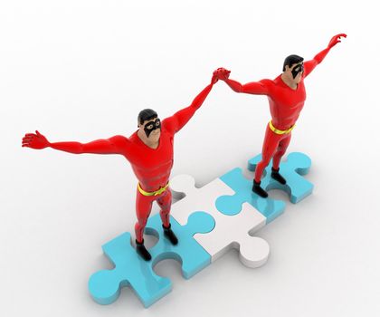 3d superhero s happy and hands up standing on puzzle path concept on white background, top angle view