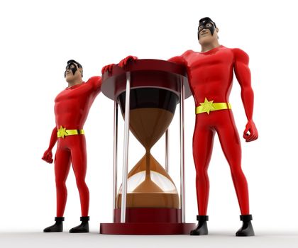 3d superhero  standing beside sand clock concept on white background, side angle view
