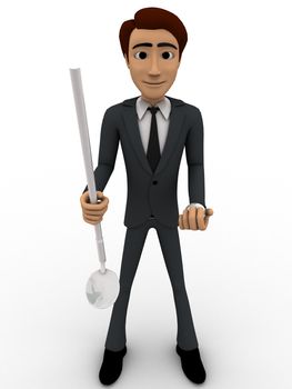 3d man holding golf bat nad ball in hands concept on white background, front angle view