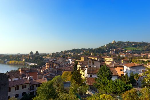 Panorama of the city of Verona with the Adige river seen from the hill. Verona (UNESCO world heritage site) - Veneto, Italy
