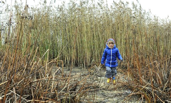 Smiling little girl in a blue jacket runs on the coast which grew with a cane