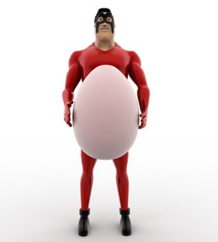 3d superhero  holding big egg in hands concept on white background, front angle view