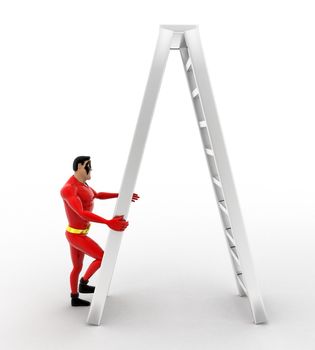 3d superhero  climb double sided ladder concept on white background, front angle view