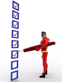 3d superhero  mark on check list with pen concept on white background, side angle view