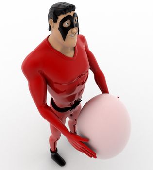 3d superhero  holding big egg in hands concept on white background, top angle view