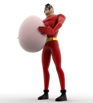 3d superhero  holding big egg in hands concept on white background, low angle view