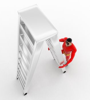 3d superhero  climb double sided ladder concept on white background, top angle view