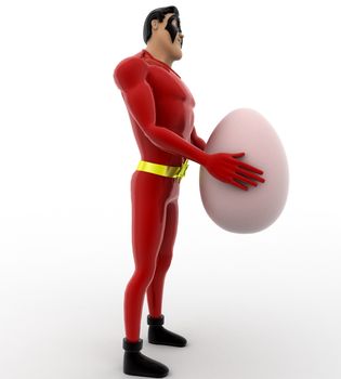 3d superhero  holding big egg in hands concept on white background, side angle view