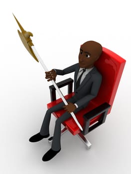 3d man sitting on red chair with axe concept on white background, top angle view