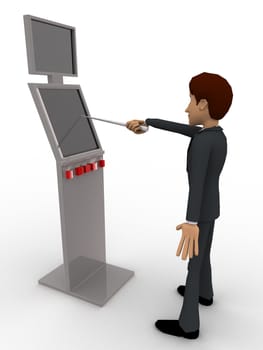 3d man touch with stick on touch screen concept on white background, side angle view