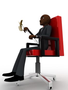 3d man sitting on red chair with axe concept on white background, side angle view