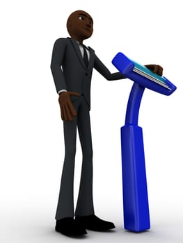 3d man standing with blue shaving razor concept on white background, low angle view