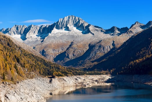 Peak of Care Alto (3462 m) and Lake of Malga Bissina in the National Park of Adamello Brenta. Trentino Alto Adige, Italy