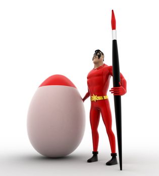 3d superhero paint egg red with brush concept on white background, side angle view