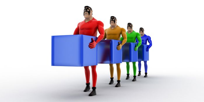 3d superheros in queue and holding square cubes concept on white background, front angle view