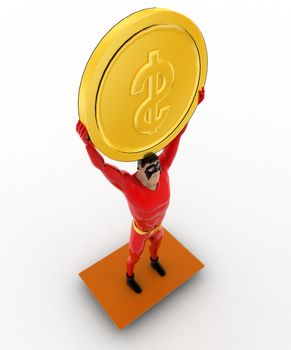 3d superhero balancing on seasaw and holding coin up concept on white background, top angle view