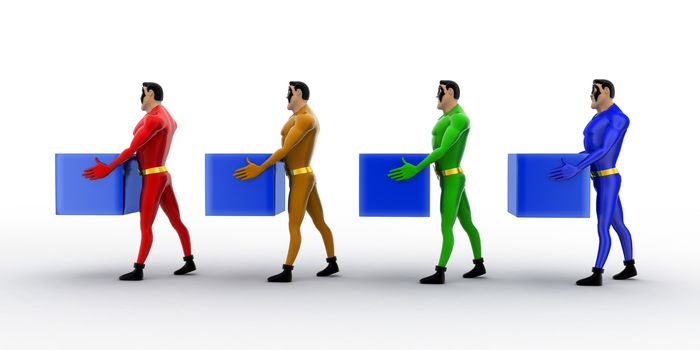 3d superheros in queue and holding square cubes concept on white background , side angle view