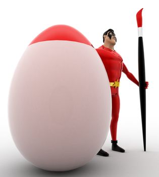 3d superhero paint egg red with brush concept on white background, side angle view