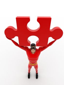 3d superhero holding red jigsaw puzzle piece in hand concept on white background, top angle view