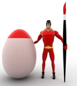 3d superhero paint egg red with brush concept on white background, front angle view