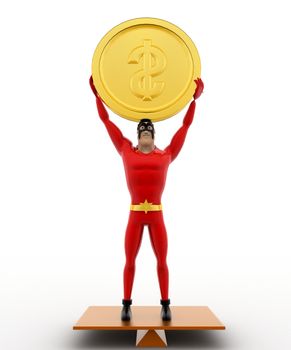 3d superhero balancing on seasaw and holding coin up concept on white background, front angle view