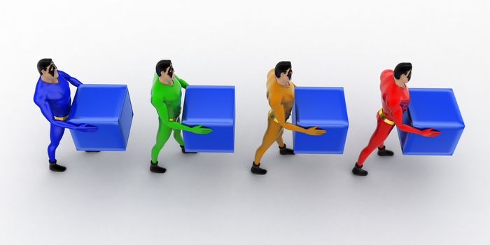 3d superheros in queue and holding square cubes concept on white background, top angle view