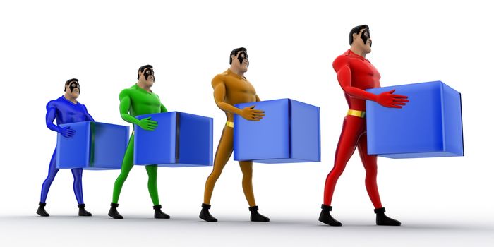 3d superheros in queue and holding square cubes concept on white background, side angle view