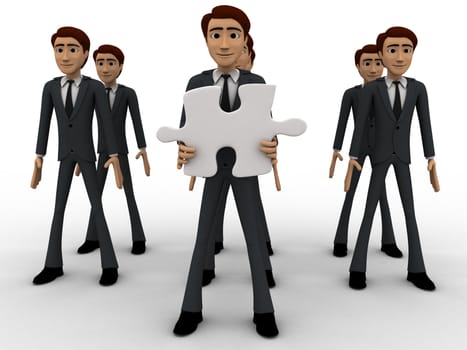 3d men in three line and one man holding puzzle piece with text here concept on white background, front angle view