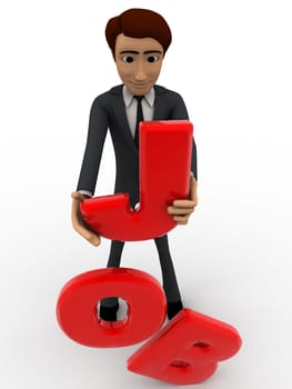 3d man holding J leeter of job word in hand concept on white background, front angle view