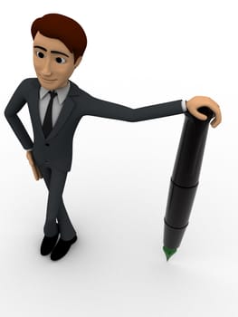 3d man standing on support of green tip foutain pen concept on white background, top angle view