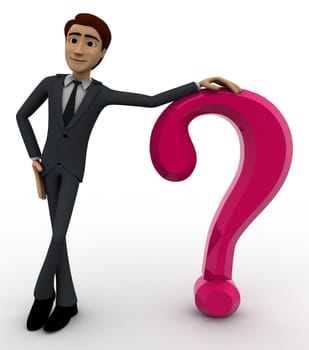 3d man standing beside pink question mark symbol concept on white background, front angle view