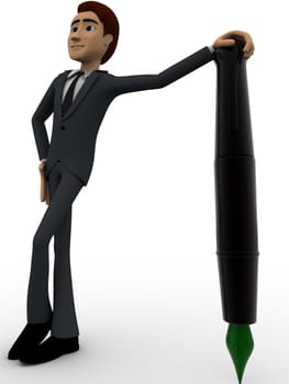 3d man standing on support of green tip foutain pen concept on white background, side angle view