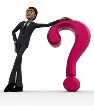 3d man standing beside pink question mark symbol concept on white background, low angle view