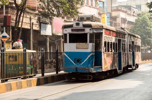 Historic and heritage tram of Calcutta running through part of the old town.