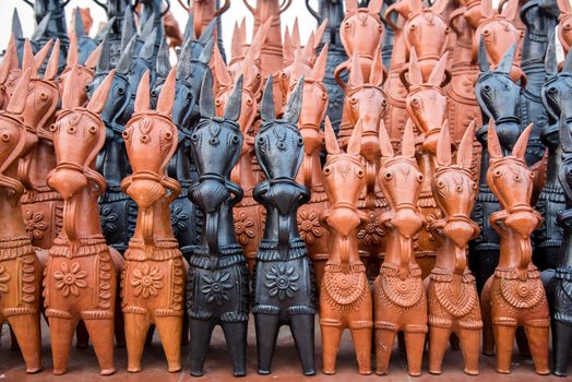 Clay horses in black and red from Bankura in West Bengal