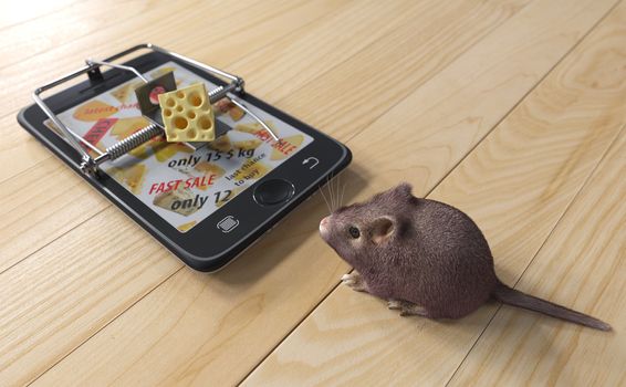 virtual cheese. smartphone as mousetrap and mouse advertising concept