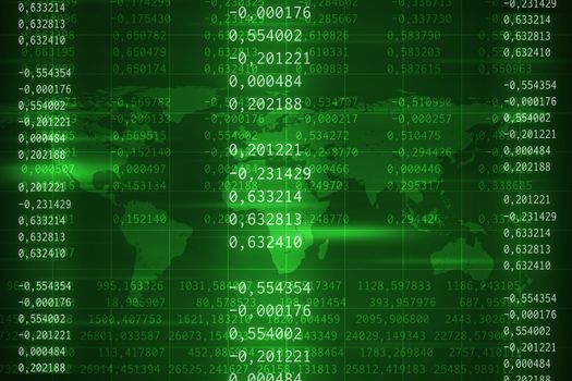 Green abstract background with world map, numbers and matrix