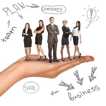 Business people in humans hand on isolated white background