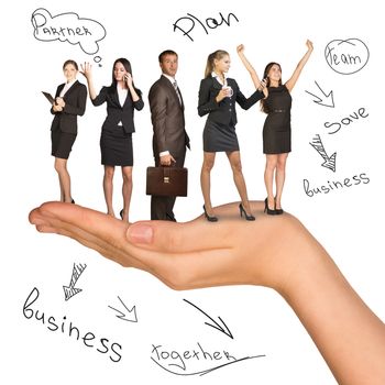 Businessman nad women in humans hand on isolated white background