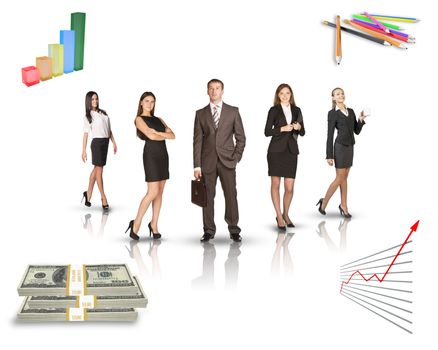 Group of young business people with graphs on isolated white background