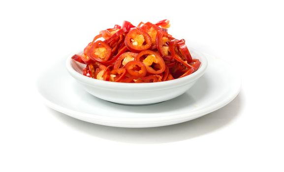 Burning fat by eating hot chil, Sliced red chili in white ceramic bowl