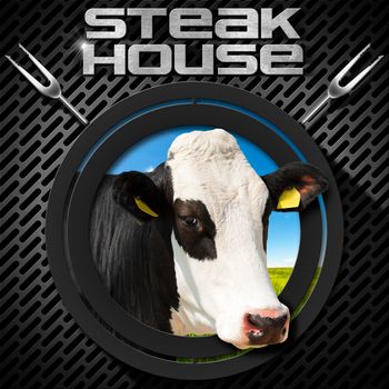 Steak house menu design with round symbol with head of cow on a dark metal background with grill and two steel forks