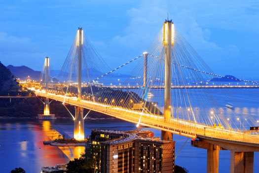 highway bridge at night with traces of light traffic, Ting Kau bridge at hong kong.